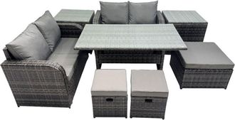Fimous Wicker pe Rattan Garden Outdoor Furniture Set Love Sofa Dining Table Sets with 3 Stools 2 Side Tables Dark Grey Mixed - Fimous