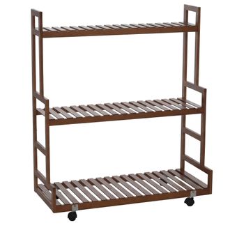 Hhg [nunca Usado] Estanter&iacute;a Para Plantas De Bamb&uacute; Hhg-372, Escalera Para Flores, Soporte Para Flores, Escalera Para Plantas, 3 Estantes, Ruedas, 105 X 90