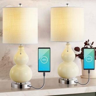 Jonathan Y Designs Cora 22 Classic Vintage Glass LED Table Lamp with USB Charging Port