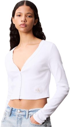 Calvin Klein Womens Woven Label Ribbed Cardigan with Button Placket, White (Brilliant White), M