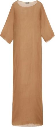 Cortana Zijde Bronzen Lange Jurk met Zijsplit - Dames - Maxi kleedjes - Bruin - M - Chiffon - Kleedjes