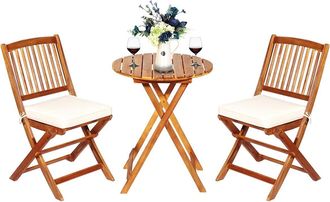 Costway Costway Juego De Mesa Y 2 Sillas Para Jard&iacute;n Mueble Grupo De Asiento De Madera Mesa Redonda Y Silla Plegable Para Terraza Patio Pasillo