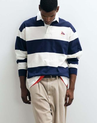 Polo Ralph Lauren Polo oversize stile rugby blu navy a righe larghe con logo a bandiera