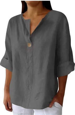 Generic Womens Tops Cotton Linen Shirts Summer Three Quarter Sleeve Cheesecloth V Neck Work Blouse Plus Size Ladies Tunic Tops T-Shirts Solid Color Casual Shi