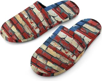 Generic Wall of Bricks U.S. Flag Flannel Mens Slip-on Slippers Winter Warm House Shoes with Rubber Sole for Home Hotel