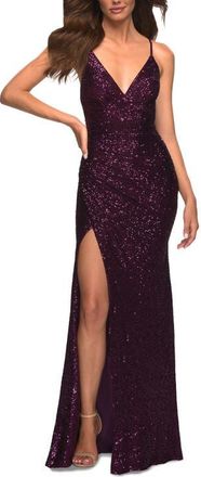 La Femme Sequin Long Prom Dress with Wrap Style Front in Dark Berry at Nordstrom, Size 4