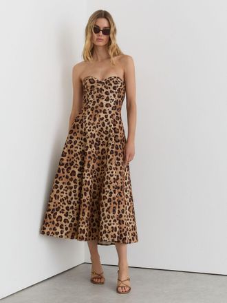 Reiss Neutral Strapless Leopard-print Corset Midi Dress, 10