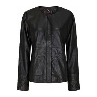 BTF-CPH Korte Zwarte Leren Jas met Zilveren Accenten - Dames - Leren en Su&egrave;de Jassen - Zwart - 2XL - Polyester - Jassen