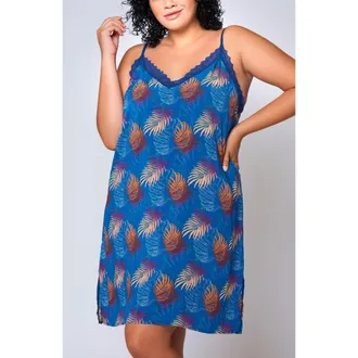 iCollection Lace Trim Viscose Chemise with Adjustable Straps in Navy-Blue at Nordstrom, Size 3X