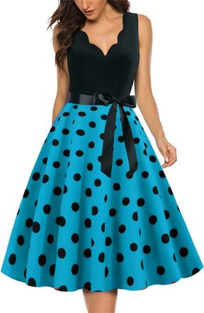 Generic Womens 50s 60s Retro V Neck Polka Dot Print A Line Rockabilly Dress Sleeveless Vintage Swing Prom Party Dresses Swing Pleated Party Cocktail Dress Gif