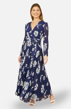 Yumi Floral Pleated Midi Wrap Dress in Navy at Nordstrom, Size 14