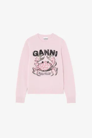 Ganni Pink Sweater with Crab - Size XXS Wool