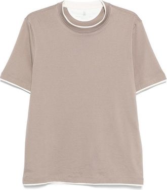 Brunello Cucinelli Beige Cotton T-Shirt With Contrast Trims