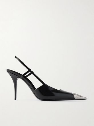 Saint Laurent Décolleté Slingback In Pelle Lucida Con Decorazione Jeanne - Nero