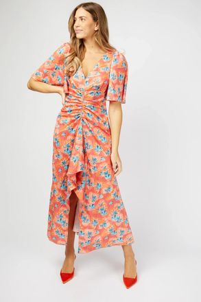 Little Mistress Malorie Dress Womens Coral Floral Print Ruched Front JDM1126