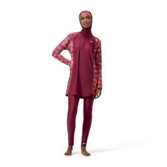 Speedo Womens 3 Piece Geometric Patterned Burkini Swim Set in Red/Pink - Size 10 UK