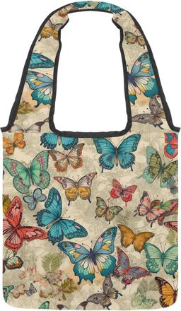 Generic Vintage Butterfly Pattern Reversible Canvas Shoulder Tote - Double-Sided Print, 12oz Cotton, 27cm Drop, Fold-Flat Bag for Travel, Shopping, Street Out
