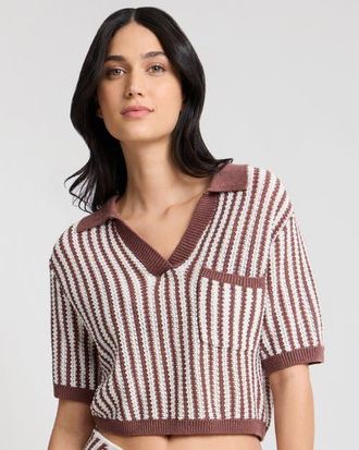 Onia Linen Knit Cropped Polo in Brown/white at Nordstrom, Size X-Small