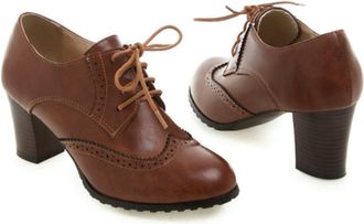 Generic Womens Block Heel Brogue Shoes - Lace-Up Round Toe Formal Work Shoes for Office & Occasions,Brown,7.5 UK