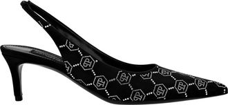 Philipp Plein Schoenen, Dames, Zwart, 40 EU, Leer, Satin Slingback Lage Hakken Strass Monogram