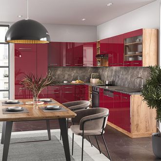 Vicco Cocina Esquinera Fame-line, Burdeos Brillo Intenso/roble Dorado, 347 X 257 Cm Sin Encimera