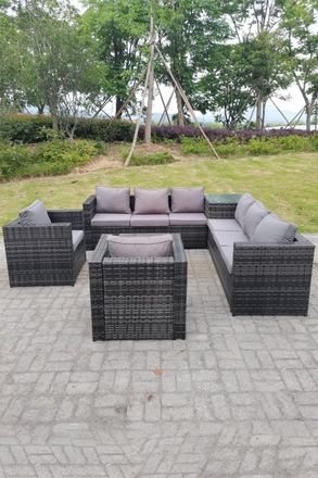 Fimous Dark Mixed Grey Outdoor Rattan Garden Furniture Set Corner Sofa 2 Tables With 2 Chairs in Dark Grey