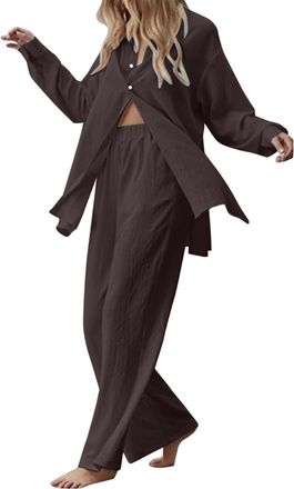 Generic Two Piece Linen Outfit Women UK Plus Size 22, Ladies Linen Co Ord Set Summer Long Sleeve Button Shirts Wide Leg Trousers Casual Comfy Lounge Wear Beac