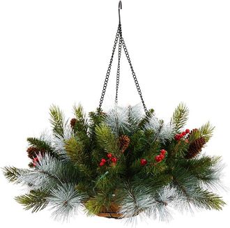 Nearly Natural 24In. Pre-Lit Artificial Pine & Berry Christmas Hanging Basket