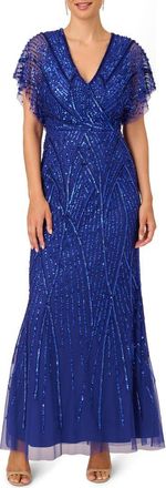 Adrianna Papell Beaded Sequin Surplice Trumpet Gown in Ultra Blue at Nordstrom, Size 12