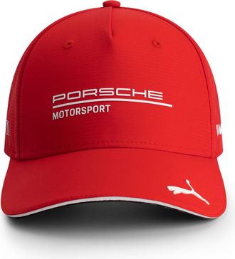 Puma Porsche Motorsport Curved Brim Team Cap with Porsche Motorsport and Sponsor Logos Throughout, Including a cat on The Peak. - Red - One Size Fits Most