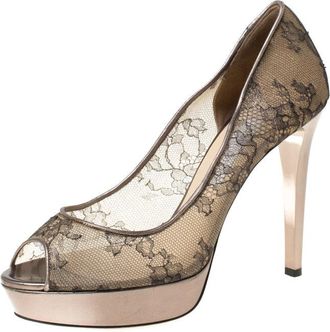 Jimmy Choo London Metallic Bronze Lace Dahlia Peep Toe Pumps
