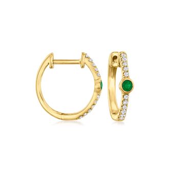 RS Pure by Ross-Simons Emerald and Diamond-Accented Huggie Hoop Earrings in 14kt Yellow Gold