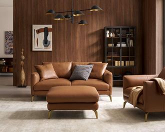 Castlery Lena Leather Loveseat with Ottoman, Cocoa American Top Grain Leather, Brass Leg