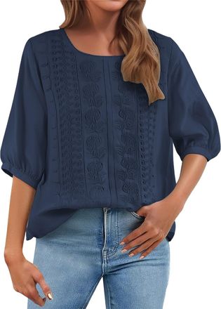 Generic Cocila Prime Deals of The Day Prime Sale Womens Casual 3/4 Sleeve T-Shirts Ladies Tops 2025 Summer Embroidery Crew Neck Breathable Pleated Tops Fashio