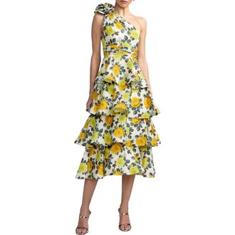 Mac Duggal Floral One Shoulder Charmeuse Tiered Midi Dress in Yellow Rose at Nordstrom, Size 12
