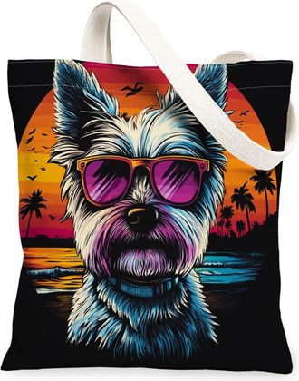 Generic Summer Westie Dog Canvas Tote Bag for Shopping 13x15, Cool Beach Coastal Puppy Reusable Grocery Print Pattern Bag for Women, Retro Pet Beach Aesthetic