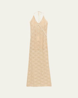LoveShackFancy Vreya Metallic Crochet Halter Dress