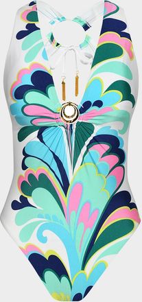 Sunshine 79 Far Out Feather V-Plunge One-Piece Swimsuit