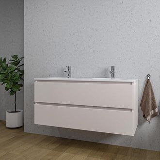 Saniclass Chaci Badkamermeubelset - 120x46x55cm - keramische wastafel wit - 2 ovale wasbakken - 2 kraangaten - 2 lades - mat cotton (beige)