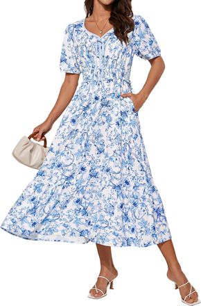 Grace Karin Women Elegant Midi Floral Dress Short Sleeve V Neck Summer Dress A-line Party Dress White Blue Flower XXL