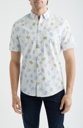 Reyn Spooner Honu Holoholo Turtle Print Short Sleeve Cotton Blend Button-Down Shirt in White at Nordstrom, Size Xx-Large