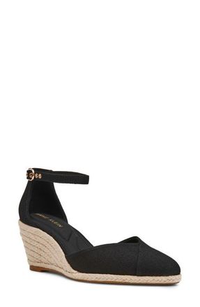 Anne Klein Wilmott Ankle Strap Espadrille Wedge Sandal in Black Canvas at Nordstrom, Size 5.5