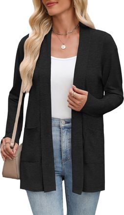 Zeagoo Cardigan for Women UK Ladies Long Sleeve Cardigans Open Front Waterfall Jackets with Pockets Autumn Sweater Winter Black S