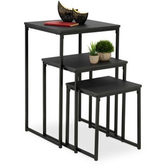 Relaxdays Relaxdays - Side Table Set of 3, Stackable, 3 Sizes, Coffee Counter, Square, Metal, Living Room Decor, Light Brown/Black