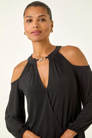 Roman V-Neck Cold Shoulder Wrap Stretch Top