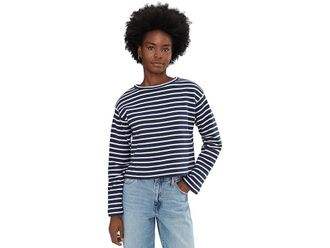 Splendid Livie Stripe Pullover Womens Sweatshirt Navy/Moonstone : LG (Womens 10-12), Nylon/Polyester
