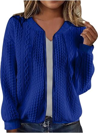 Generic Womens Zip Up Cardigan Knitted Long Sleeve Knitwear Jackets Casual Elegant Plain V Neck Copped Cable Knit Cardigan Ladies Winter Autumn Comfy Thermal 