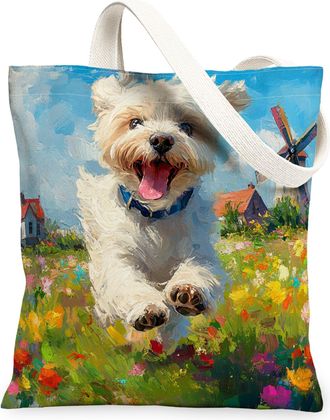 Generic Spring Havanese Dog Canvas Tote Bag for Shopping 13x15, Country Garden Puppy Reusable Grocery Print Pattern Bag for Women, Fun Flower Pet Beach Aesthe