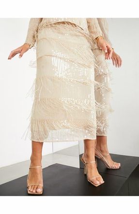 Asos Sequin Fringe Pencil Skirt in Beige at Nordstrom, Size 0 Us