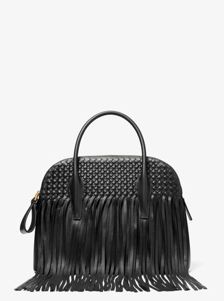 Michael Kors Kaitlin Large Fringed Woven Leather Dome Satchel